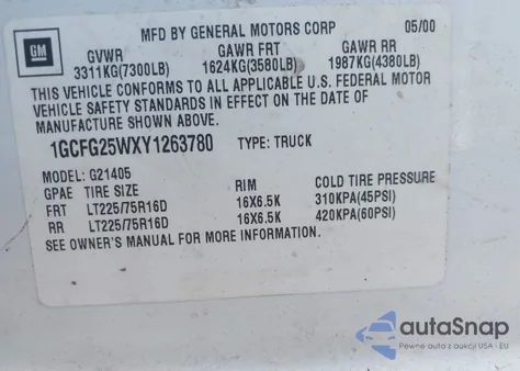 2000 GMC Savana from USA, damaged, VIN 1GTFG25WXY1263780